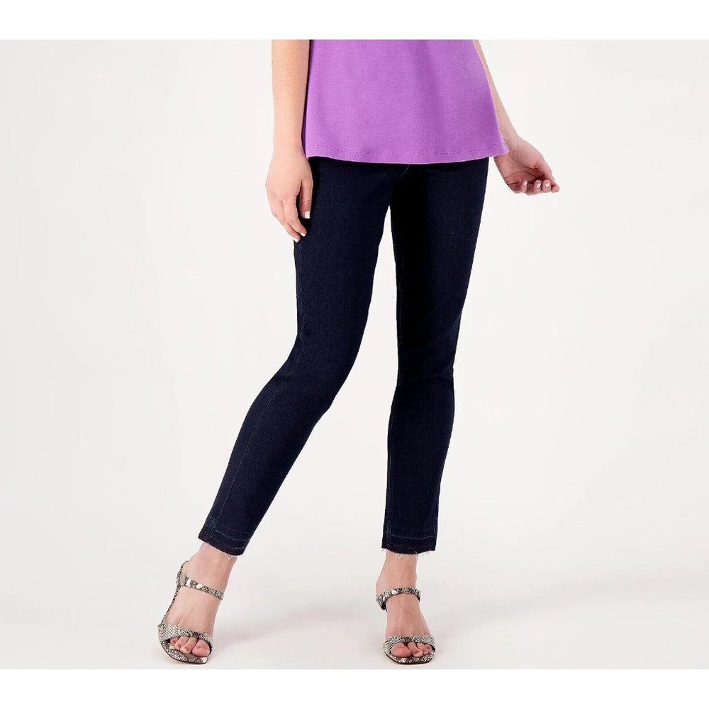 Isaac Mizrahi Live! True Denim Pull on Slim Ankle Jean 14 Petite 14P Dark Indigo